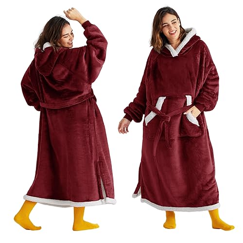 Bedsure Wearable Blanket Hoodie, Cozy Long Hooded Blanket Sweatshirt as Mothers Day Hoodie Gifts for Mom Women, Standard, Burgundy