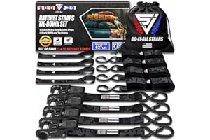 Ratchet Tie Down Straps (4 Pack) - 1,823lb Max Break Strength incl. (4) Heavy Duty 1" x 15' Rachet Tie Downs with Hooks & Handles Best for Moving Securing Cargo by Straight Jacket Crew (Black Camo)