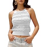 ZAFUL Womens Halter Crochet Tops Backless Sleeveless Hollow Out Summer Sweater Striped Camisole Tank Crop Top
