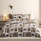 Wake In Cloud - Rustic Comforter Set with Sheets, Cabin Lodge Christmas Bear Moose Deer Wildlife Western Patchwork Country, 7 Pieces Bed in a Bag, Tan Brown, Queen Size