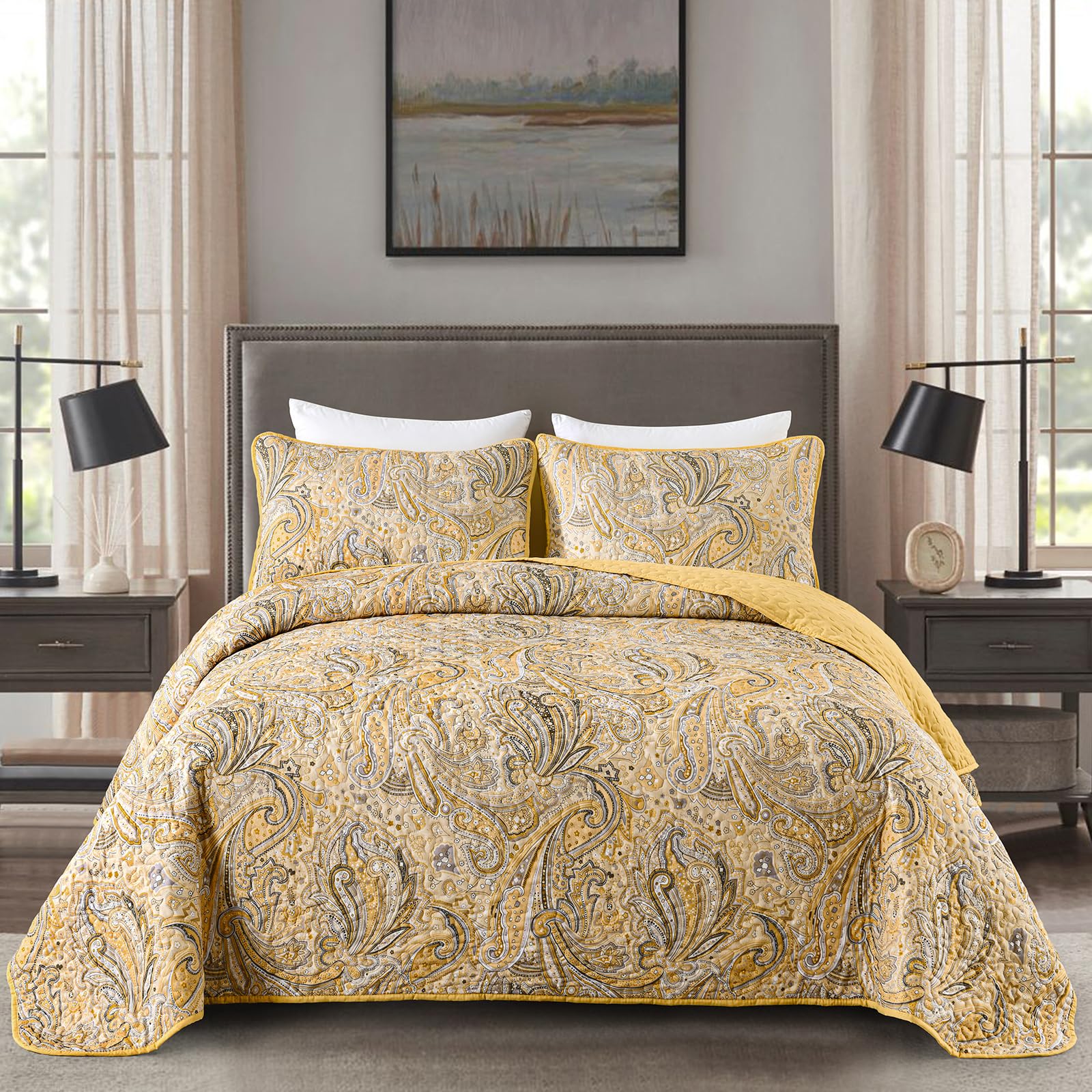 DJY Yellow Paisley Quilt Set Full Size - 3 Pieces Boho Paisley Quilt Bedspread Set, Soft Lightweight Paisley Floral Pattern Coverlet Bedding Set for All Season, 80''x90'' Image