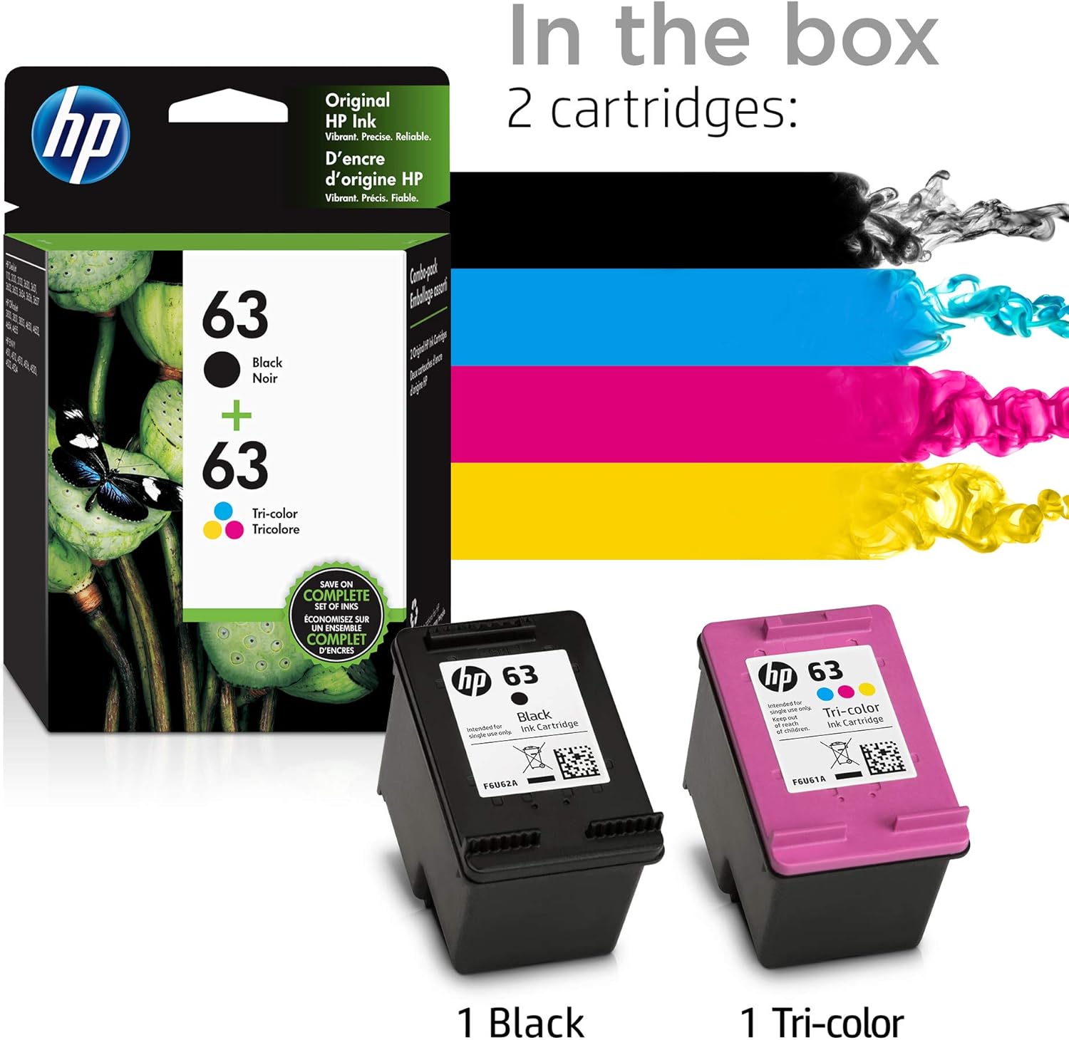 HP 63 | 2 Ink Cartridges | Black, Tri-color | F6U61AN, F6U62AN: Office Products