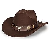 KorhLeoh Women Men Western-Cowboy-Cowgirl-Hat Outdoor Faux Felt Wide Brim Western-Belt-Buckle Panama Fedora Hat(M)