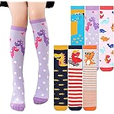 PHOGARY 6 Pairs Girls Knee High Socks, Cute Socks Colorful Cartoon Animal Warm Cotton Socks Crazy Funny Kids Odd Socks Mid Calf Long Boot Socks for 3-12 Years Girls, One Size (Dinosaur)