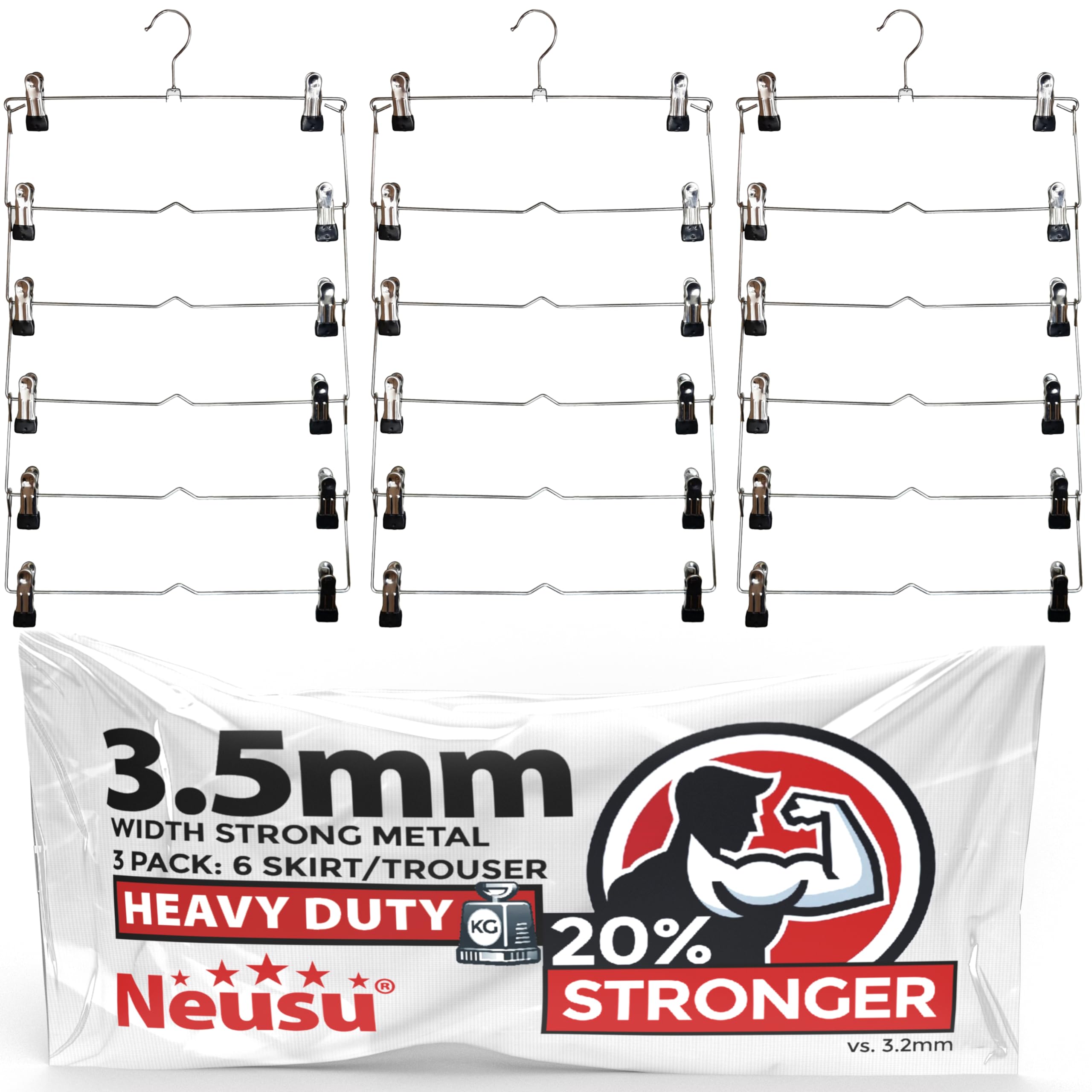 Neusu Space Saving Hangers For Trousers & Skirts - Heavy Duty, Enhanced 3.5mm Strong Metal - Pack of 3 x 6 Layers
