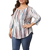 KLPOHV Womens Plus Size 3/4 Length Sleeve Tops Crewneck Pleated Loose Fit Casual Tunic Top Swing Shirts Blouses 1X-5X