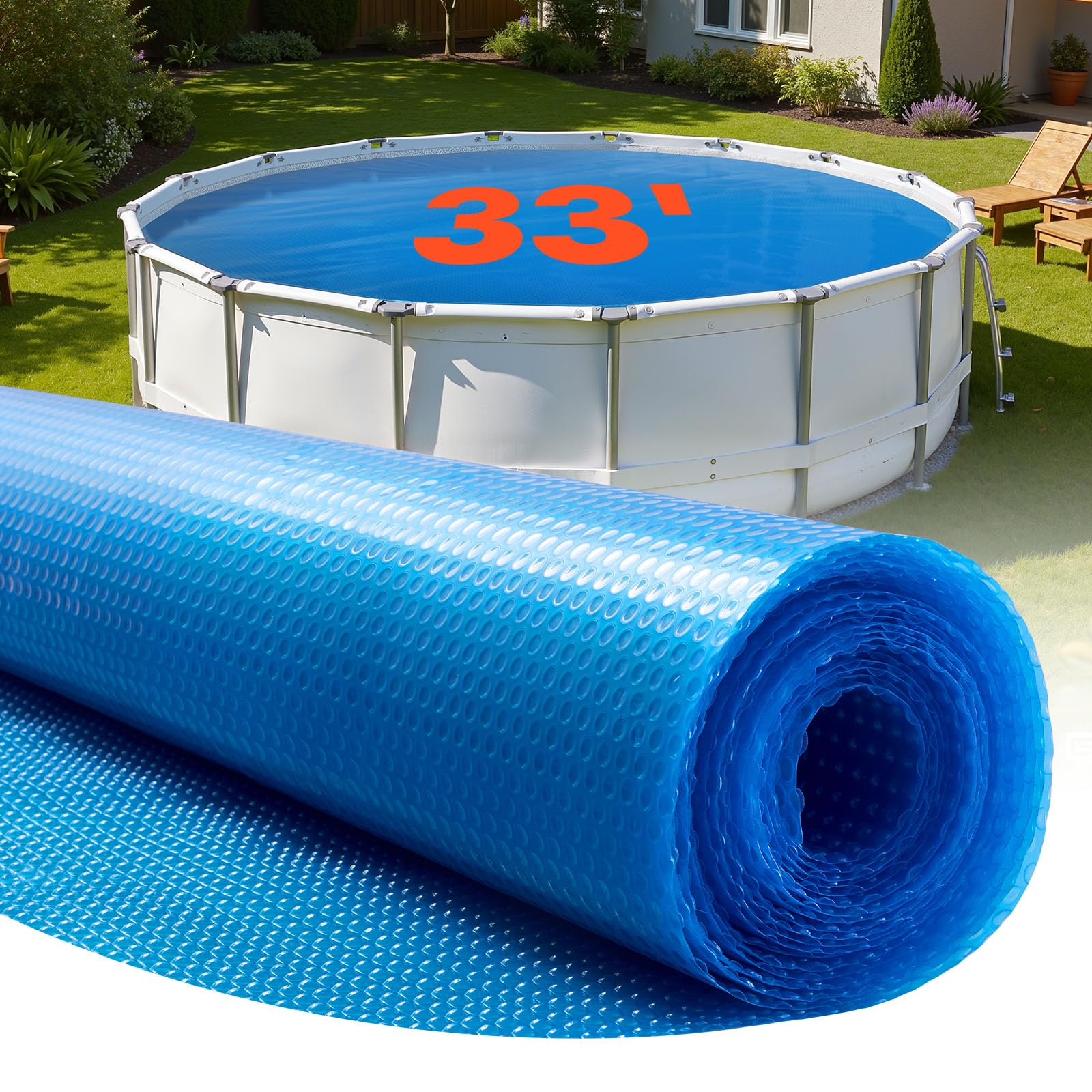 VEVOR Solar Pool Cover, 33 ft Round Pool Bubble Cover, 8 Mil Pools Solar Blanket with Bubble & PE Material, Daytime Heat Absorption, Nighttime Heat Retention, Heat Retaining Solars Covers, Blue Image