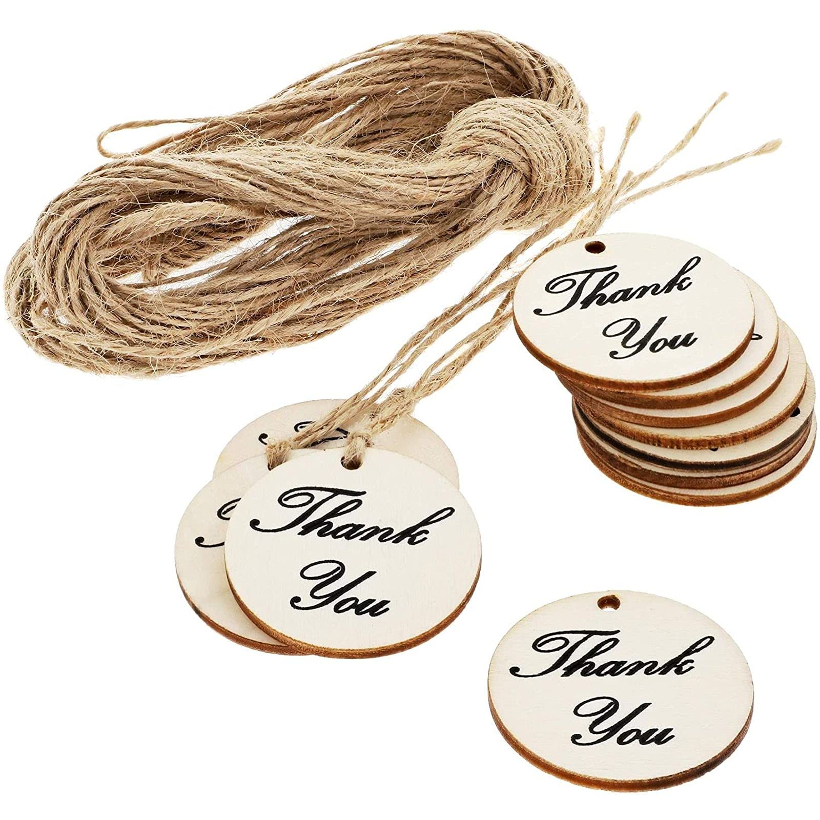 100-Pack Round Thank You Wood Tags with Twine for Wedding and Baby Shower, Party Favours, 3.8 cm