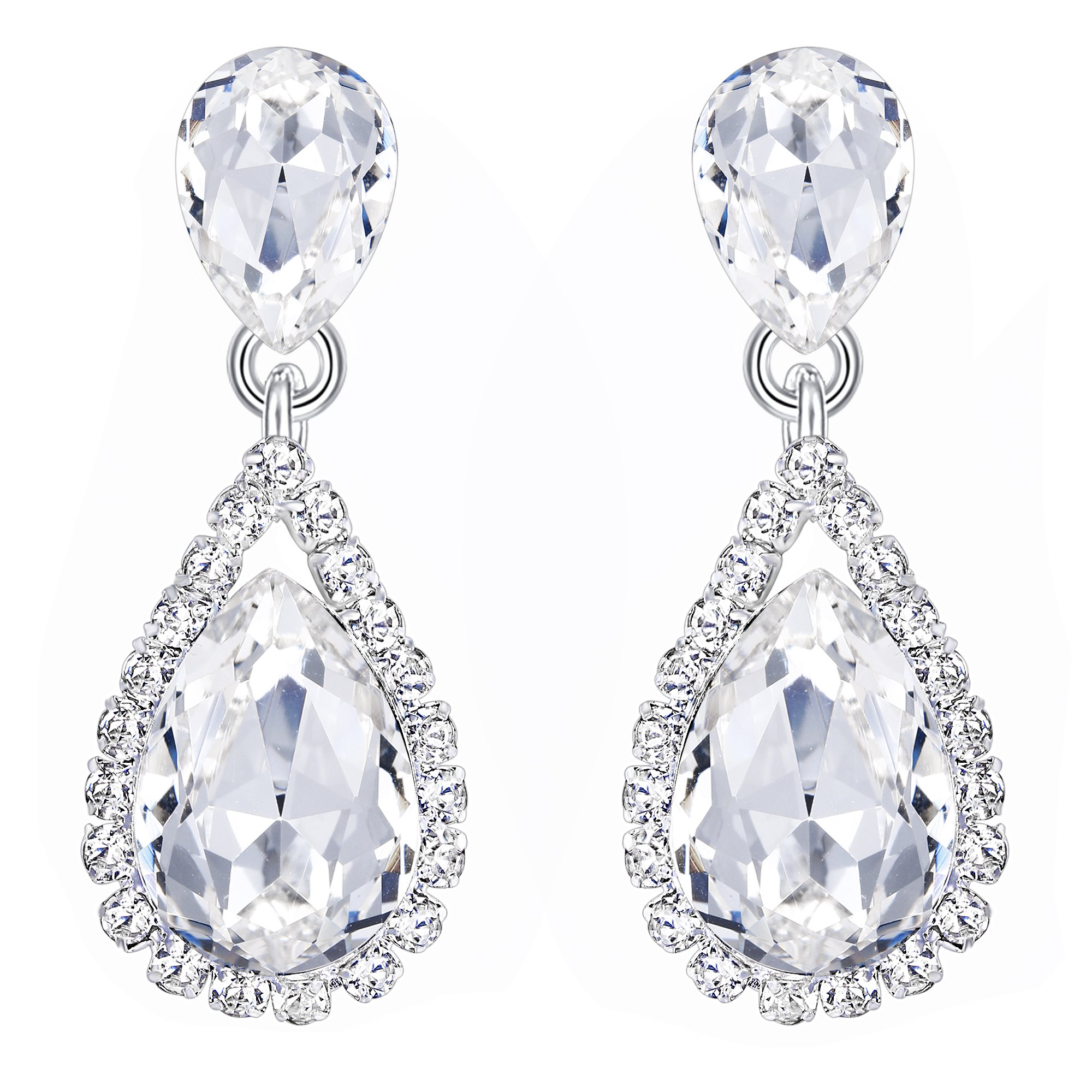 Clearine Clip On Diamante Crystal Teardrop Gemstone Dangle Statement Costume Earrings for Women