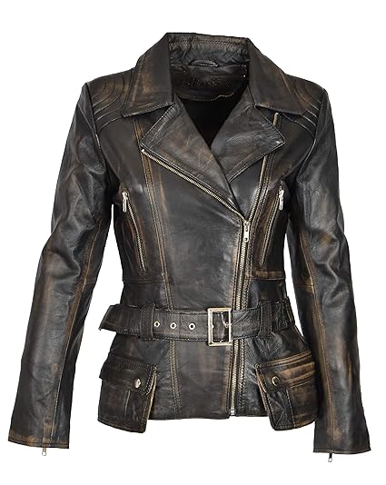 A1 FASHION GOODS Damen Biker Lederjacke SCHWARZ Vintage Abreiben Slim Fit Taille Gürtel Mantel - Coco