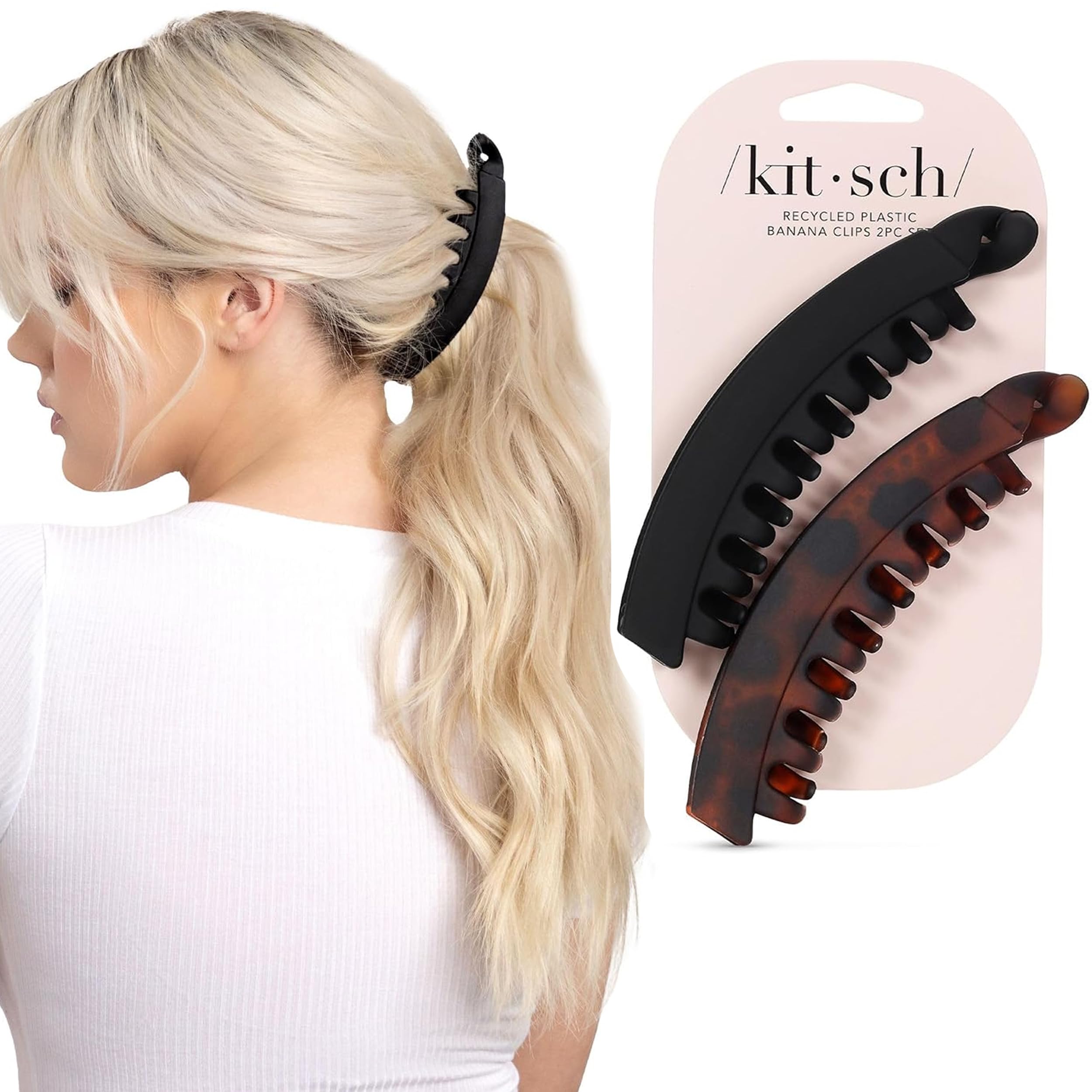 Kitsch Banana Clips For Women - Retro 80s Style Banana Hair Clips | Secure & Durable, No Crease Hair Accessories for Women | Styling, Ponytails & Updos | Ideal Gifts for Women - Black & Tort, 2pcs