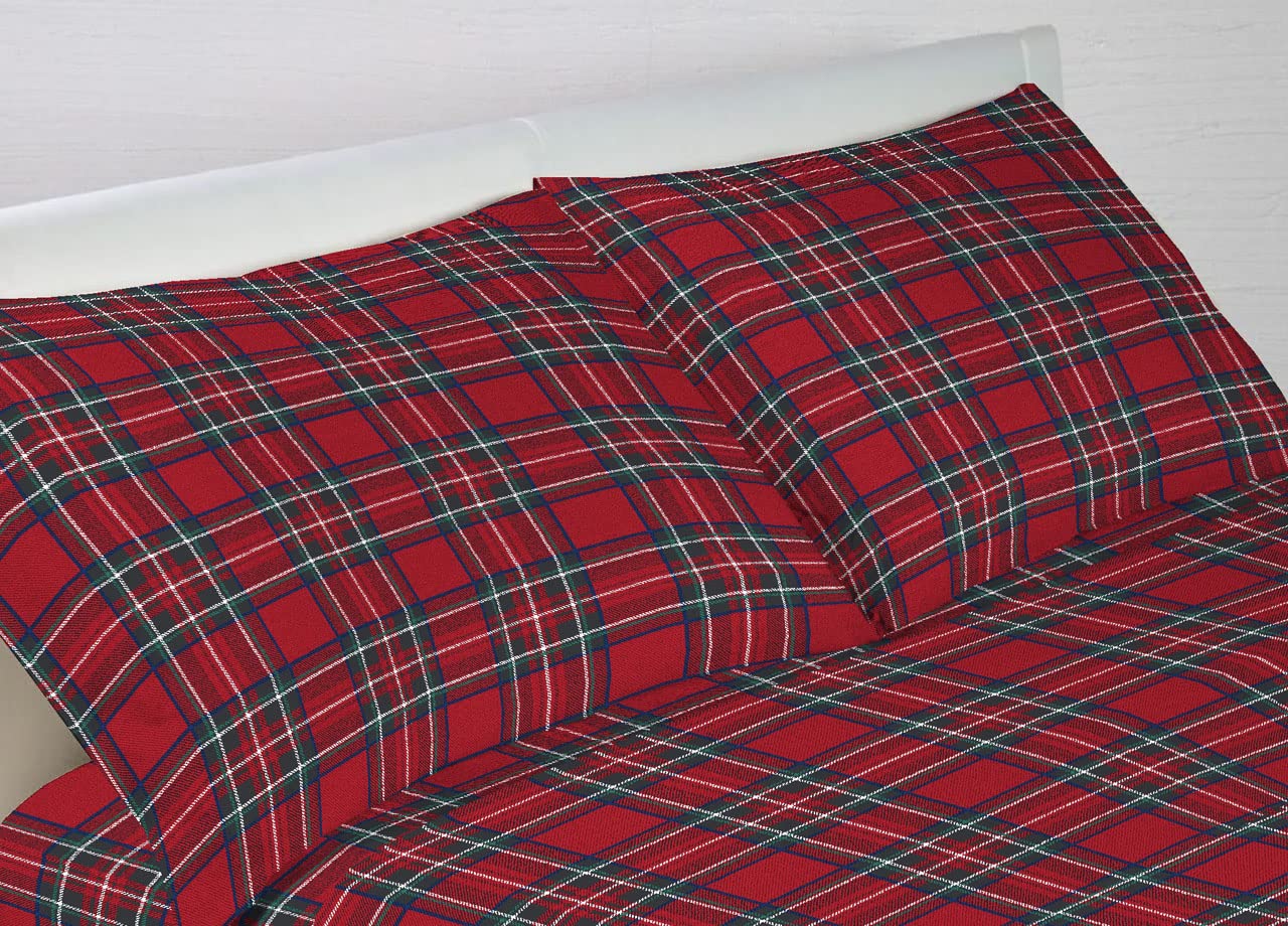 Linen Web Pair of Pillowcases in 100% Cotton, Pillowcases with Side Buttons 52 x 82 cm, Scottish Kilt Red