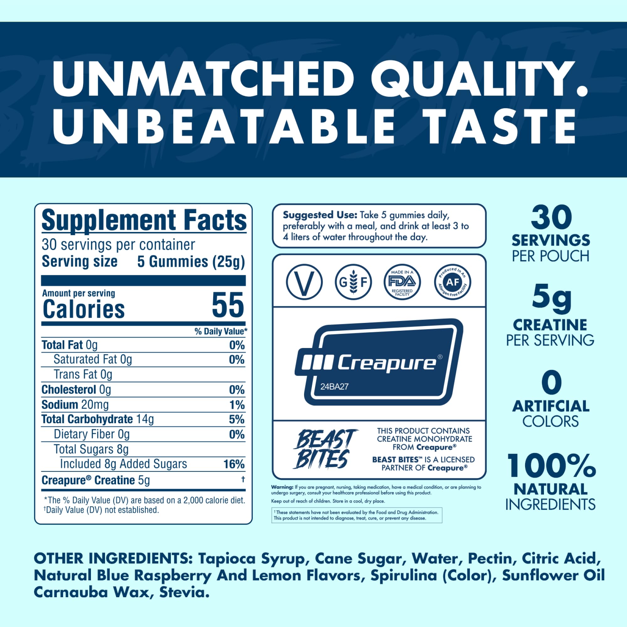 BEAST BITES Creatine Monohydrate Gummies - for Men and Women - 5g Creapure Creatine, Support Muscle Mass, Strength, and Cognitive Function - Made in USA - 150 Gummies - 30 Servings