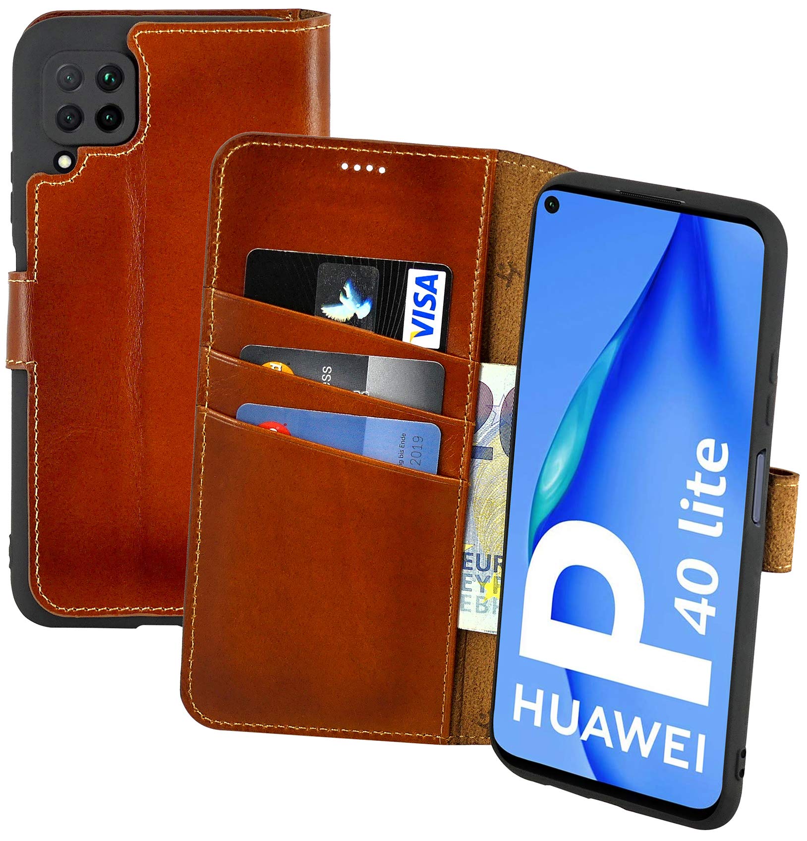 Suncase Book-style case compatible with Huawei P40 Lite leather case (slim fit) leather mobile phone case protective case with 3 card slots in burned cognac. — image 1