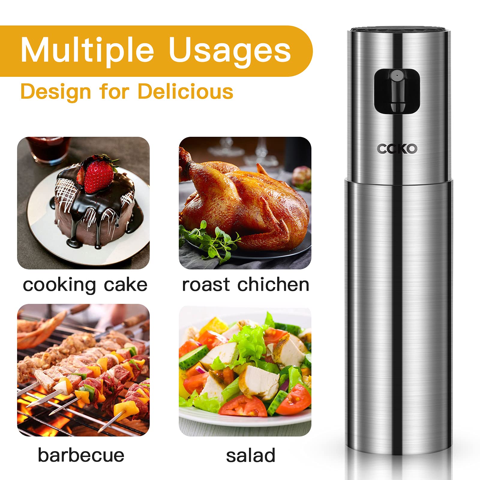 CCKO Oil Sprayer for Cooking Air Fryer Stainless Steel Olive Oil Sprayer Mister 100ML Portable Olive Oil Spray Bottle for BBQ,Salad, Kitchen Baking,Frying,Roasting,Grilling