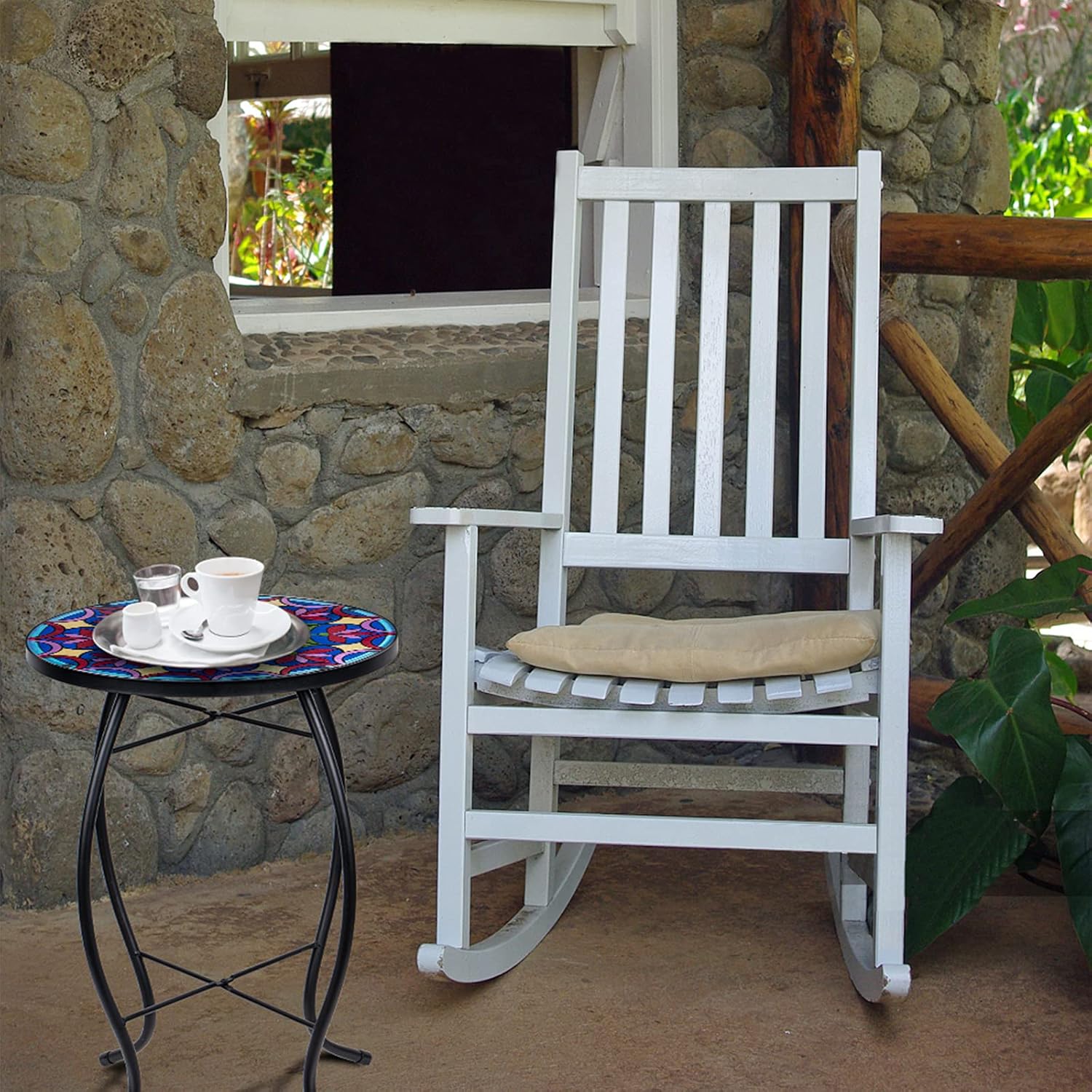 Outdoor Side Table Mosaic End Table Patio Side Table Small End Table Glass Top Round Balcony Coffee Table Porch Indoor Glass Top : Garden & Outdoor