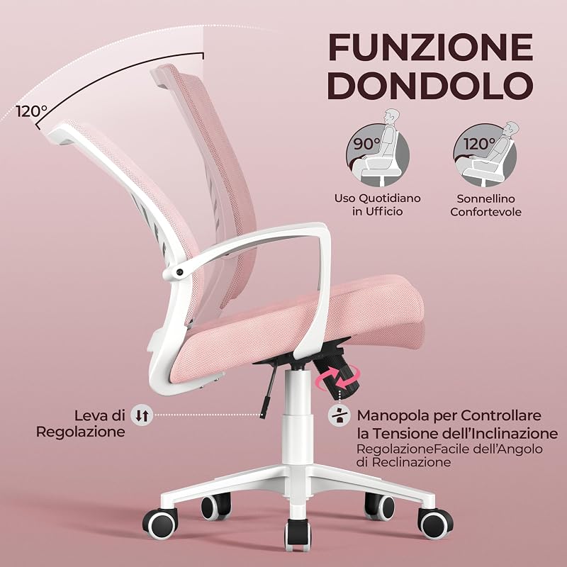 Sedia da Scrivania Ufficio Ergonomica Portata 136kg (2, Rosa)