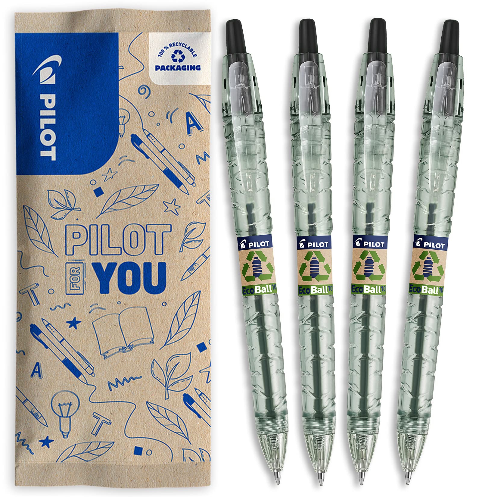 PILOT - Pack of 4 B2P Ecoball 1.0mm - Retractable and refillable ballpoint pen, made from recycled plastic - Begreen - Black - Medium point