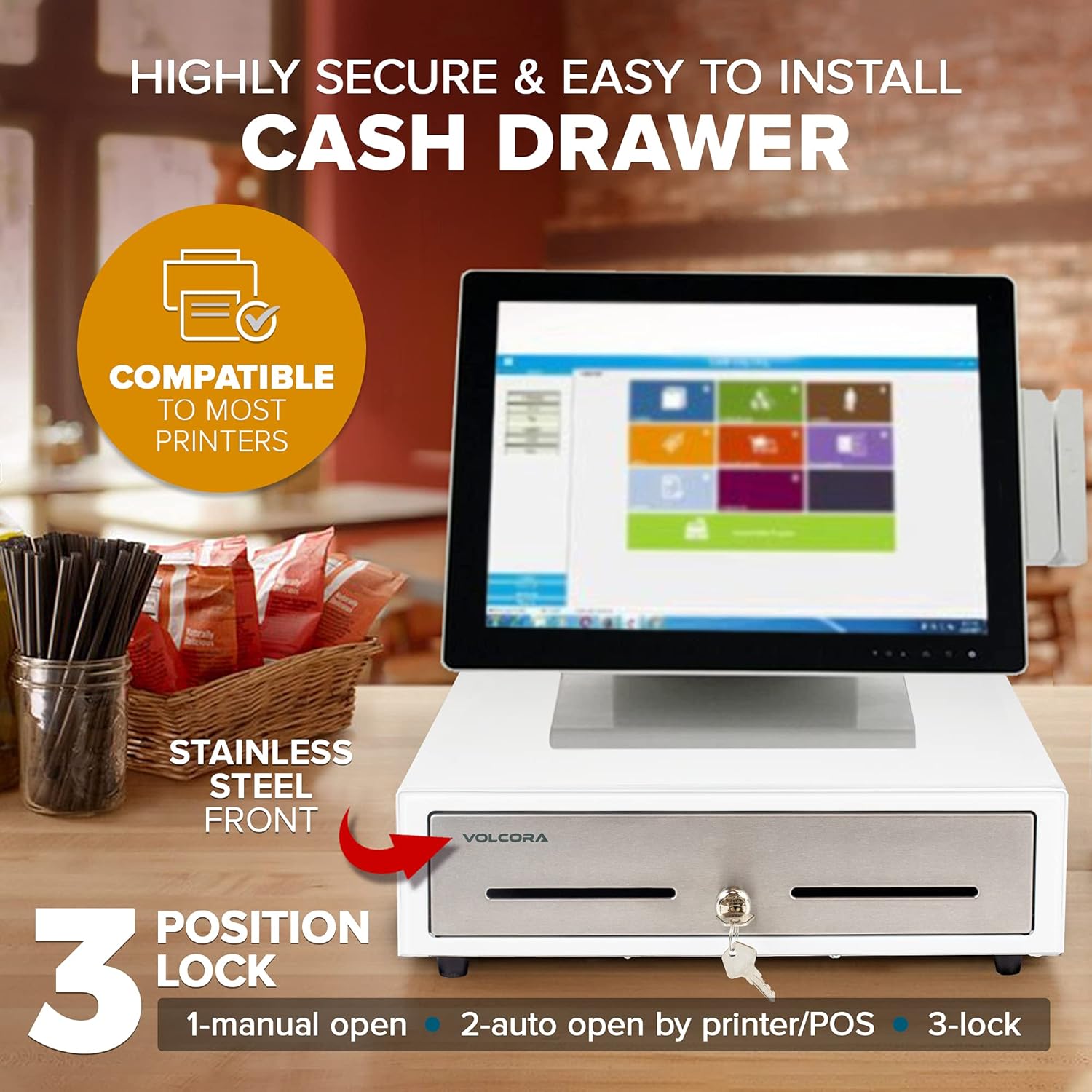 Cash Register Drawer for Point of Sale (POS) System - White and Stainless Steel Front - Fully Removable 2 Tier Cash Tray, 5 Bill/8 Coin, 24V, RJ11/RJ12 Key-Lock - Square Cash Drawer Under Counter : Electronics