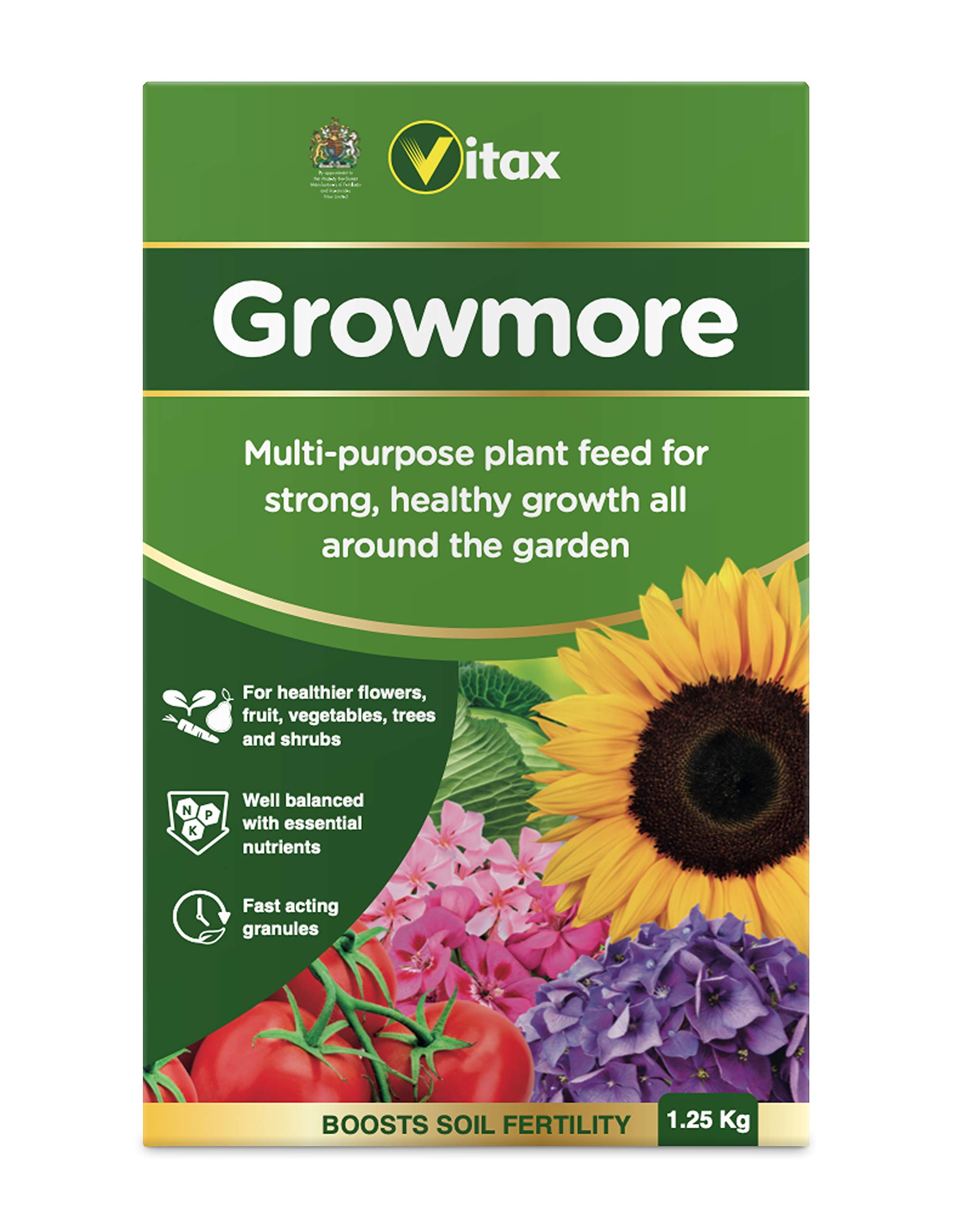 Vitax Growmore, General Purpose Fertiliser, Suitable For Fruit, Veg, Flowers And Lawn, Promotes Heavy Crops, Boosts Growth All Around The Garden- 1.25Kg