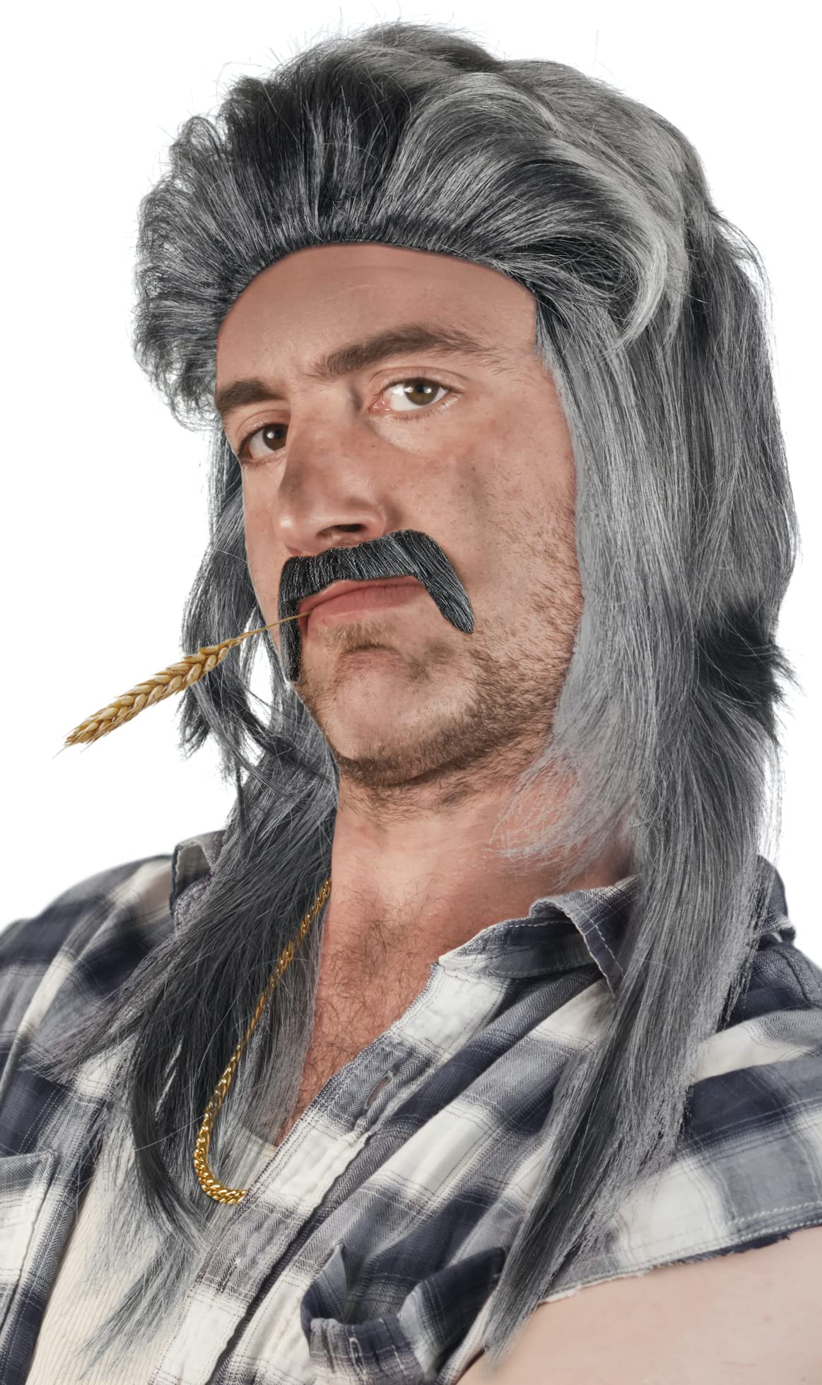 SET of: Mullet Wig + Beard + Gold Chain - Rocker Mullet Wig Proll Pimp Blonde Brunette Grey Black 80s 90s (Grey/Black + Beard + Gold Chain) โ image 1