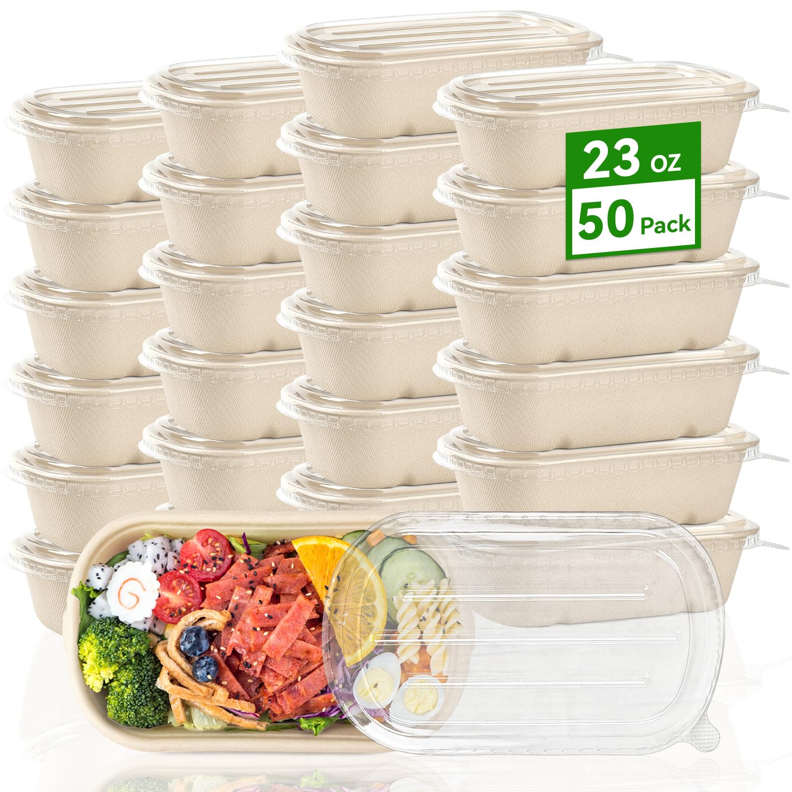 Photo 1 of ZORRITA 50 Pack 23 oz Disposable Meal Prep Containers, Sugarcane Fiber Paper Salad Bowls with Lids Take Out Food Container for Pasta, Burrito, Leftovers