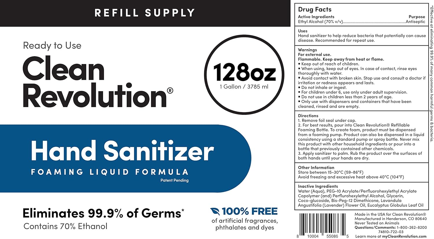 Clean Revolution Hand Sanitizer 128oz Refill Supply Container. Ready to Use Formula. Free of Artificial Fragrances, 7.2 Lb: Health & Personal Care
