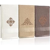 FuWeave 3 Pcs Vintage Brown Hand Towels Fancy Decorative Bathroom Towels 13.3 x 29.5'' Luxury Damascus Embroidered 100% Cotton Soft Absorbent for Bathroom Kitchen Boho Decor