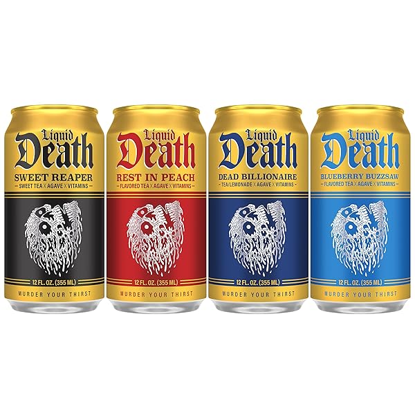 LIQUID DEATH ICED TEA – VARIETY, LESS SUGAR*, BOOST OF CAFFEINE, B VITAMINS, NO ARTIFICIAL SWEETENERS, 4 FLAVORS: TEA/LEMONADE, REST IN PEACH, SWEET REAPER, BLUEBERRY BUZZSAW, 12 FL OZ (PACK OF 12)
