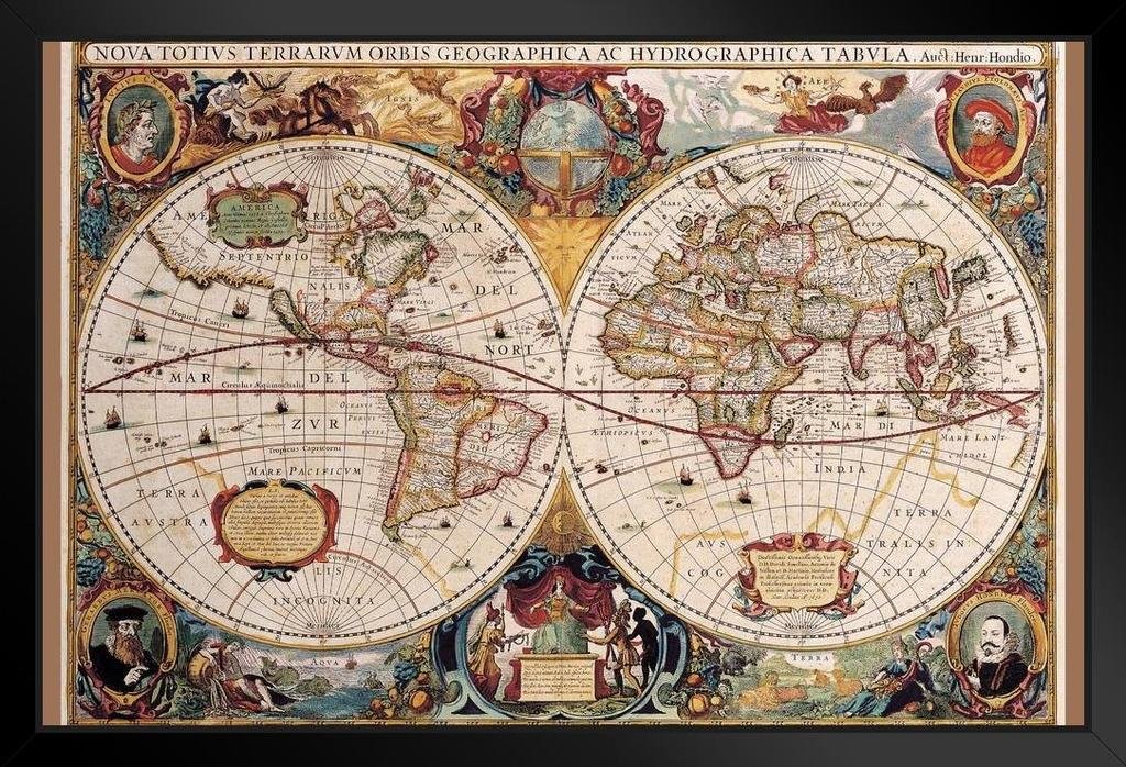 World Map Poster 17th Century Antique Vintage Historic Educational Classroom Globe Projection Black 