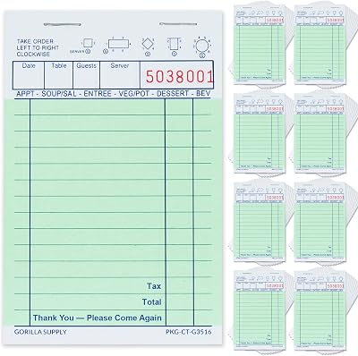 Gorilla Supply Guest Checks 3.4"x5.04" Server Order Pads Green Bond Perforated
