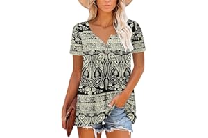 noabat Womens Henley Shirts Ladies Long Sleeve Tunic Top V Neck Flower Blouse Top