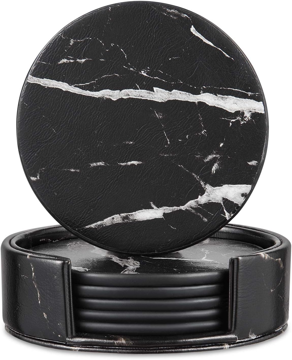Coasters for Drinks, Round Marble Leather Coasters with Holder Set of 6 Protect Your Furniture (Black Marble, Round)