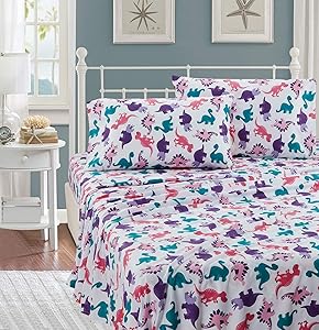 Better Home Style Multicolor Pink Blue Purple Dinosaurs Design for Girls/Kids/Teens 3 Piece Sheet Set with Pillowcase Flat and Fitted Sheets # Dinosaur Land Pink (Twin)