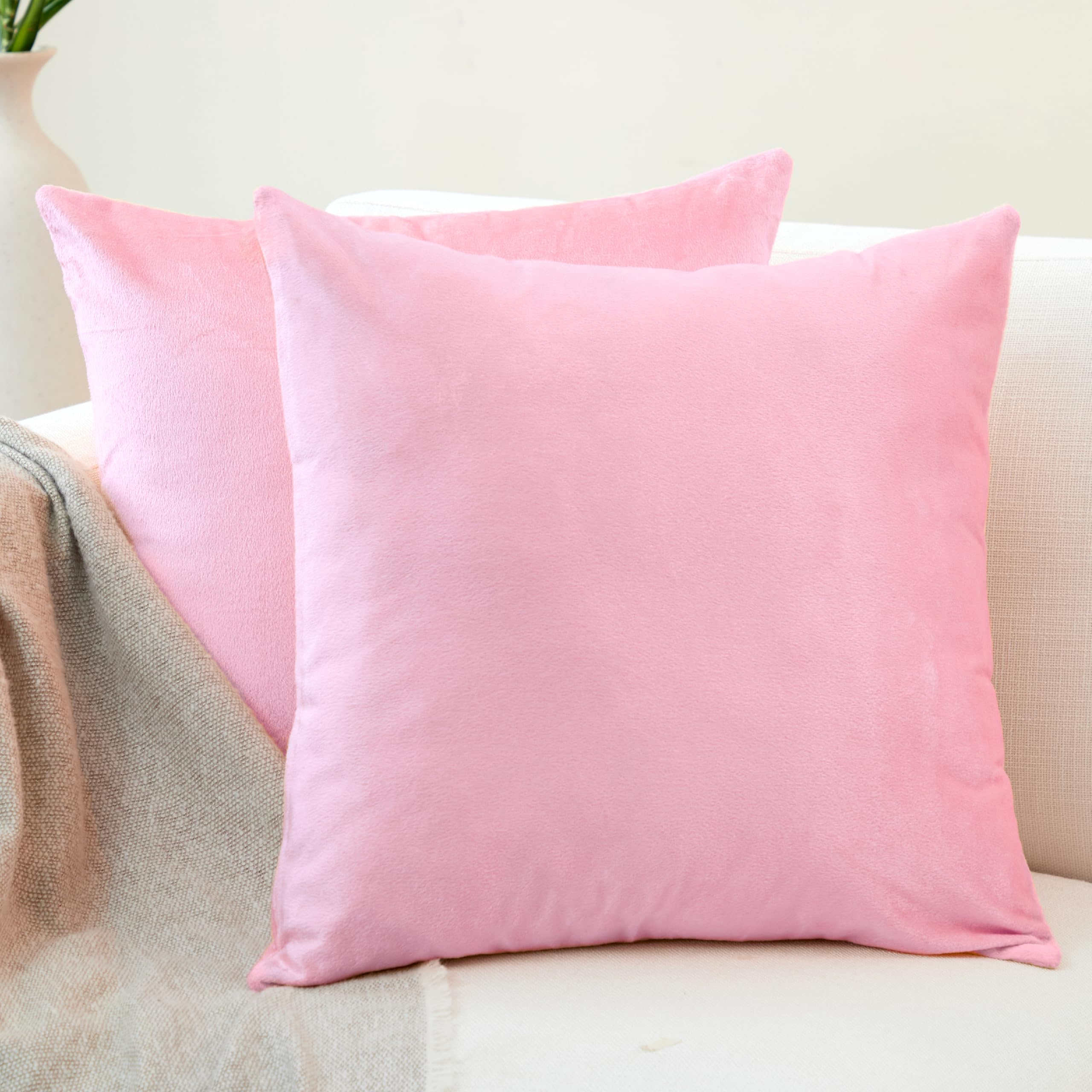 Encasa XO Velvet Cushion Covers (60x60 cm) Set of 02 | Light Pink | Luxurious Square Velvet Throw Pillow Covers With Invisible Zippers | Living Room, Sofa, Chair