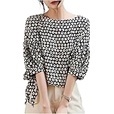GORGLITTER Women's Polka Dots Bow Blouse Tops Puff Sleeve Crew Neck Dressy Loose Shirt