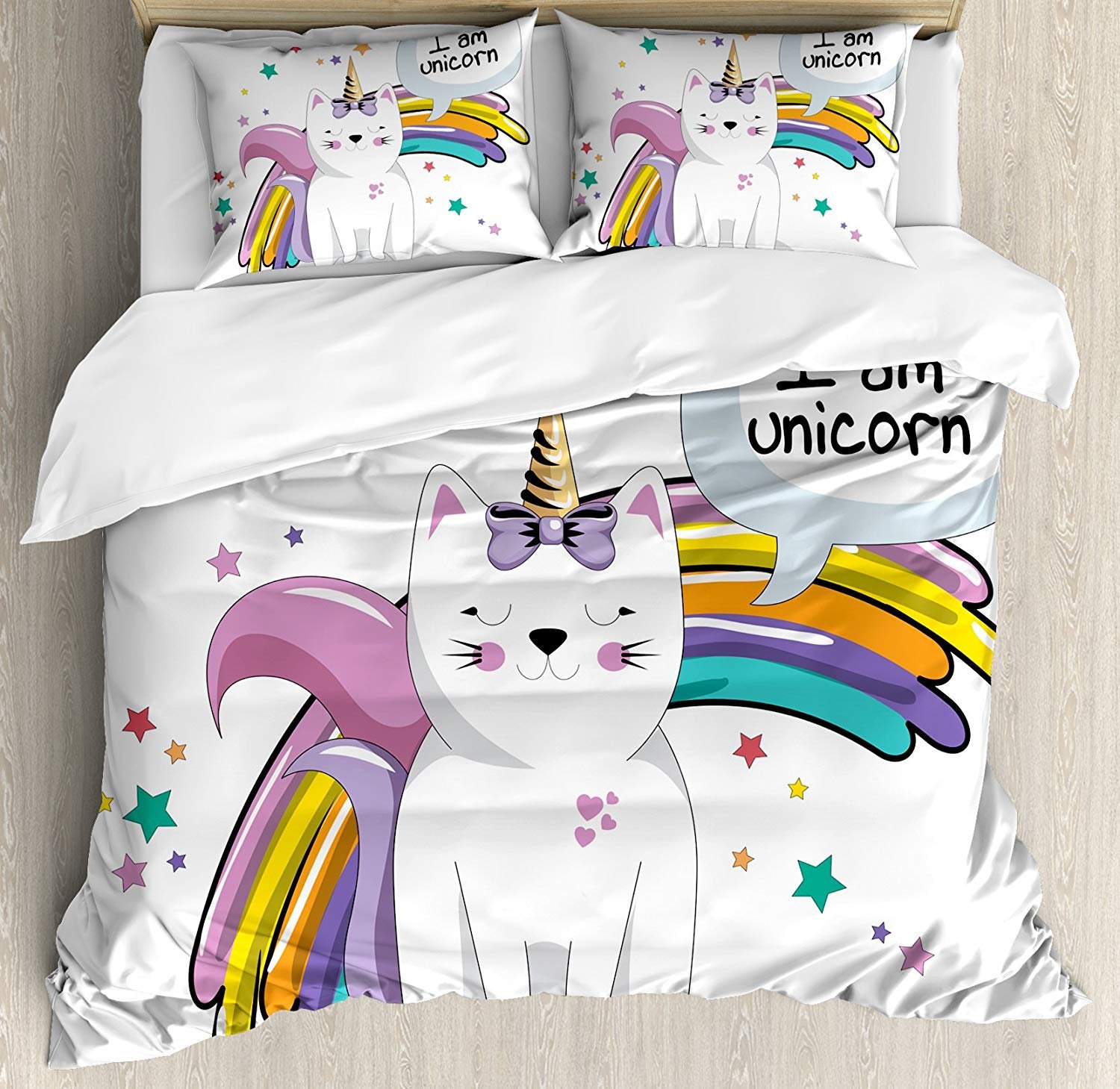 Unicorn Cat 4 Piece Bedding Set,Fairy Animal with Ice Cream Cone Bow Stars and Rainbow Kids Imagination Fiction,Duvet Cover Set Comforter Cover for Childrens/Kids/Teens/Adults,Multicolor Queen Size