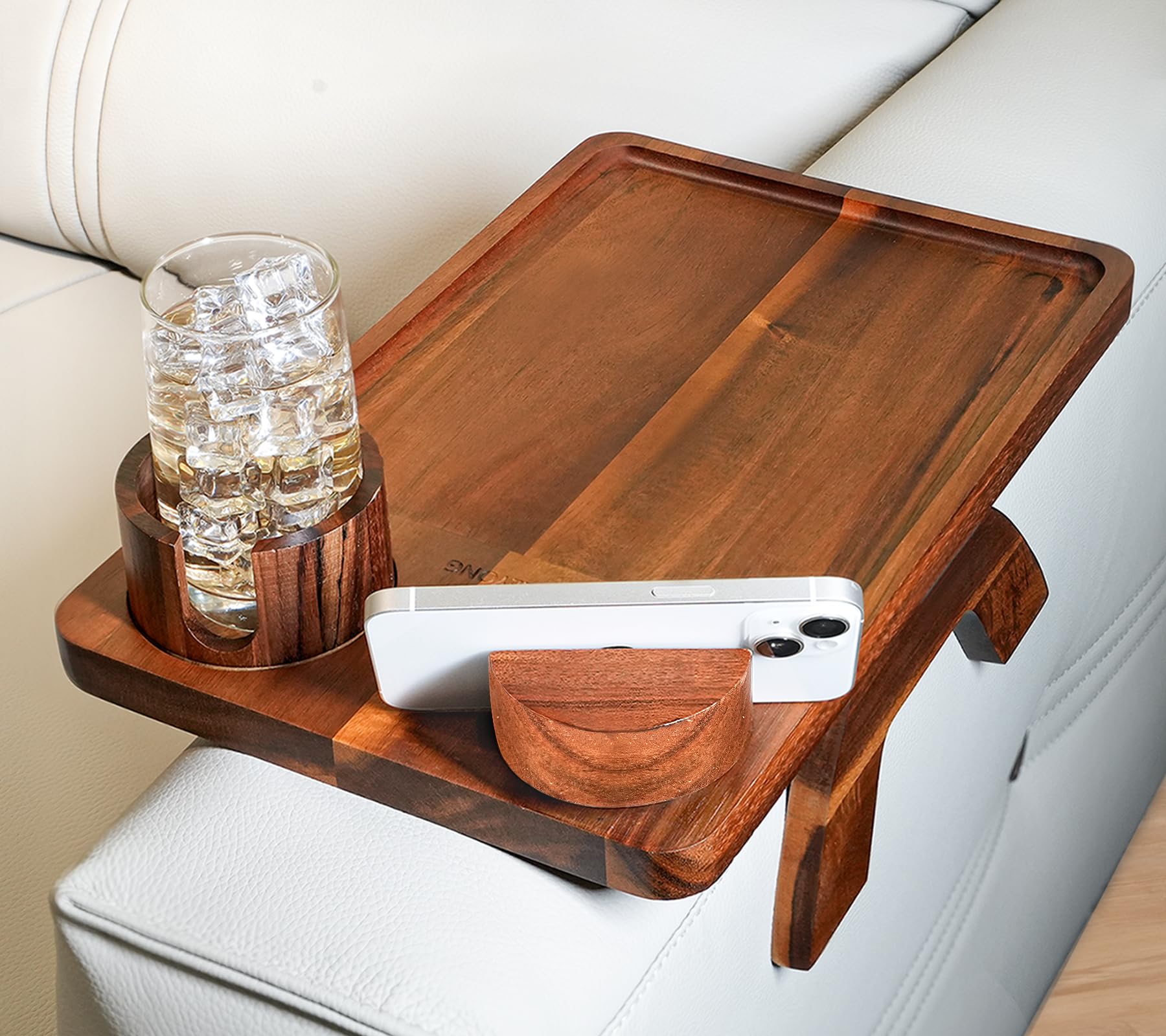 Photo 1 of ***MISSING CUP HOLDER -SELLING AS IS*** Couch Arm Tray Table with Cup Holder & Adjustable Phone Stand – Foldable Acacia Wood Sofa Arm Clip Table for Wide Couches, Recliners, and Living Room Use***(NO CUP HOLDER-BROKEN -SELLING AS IS)***
