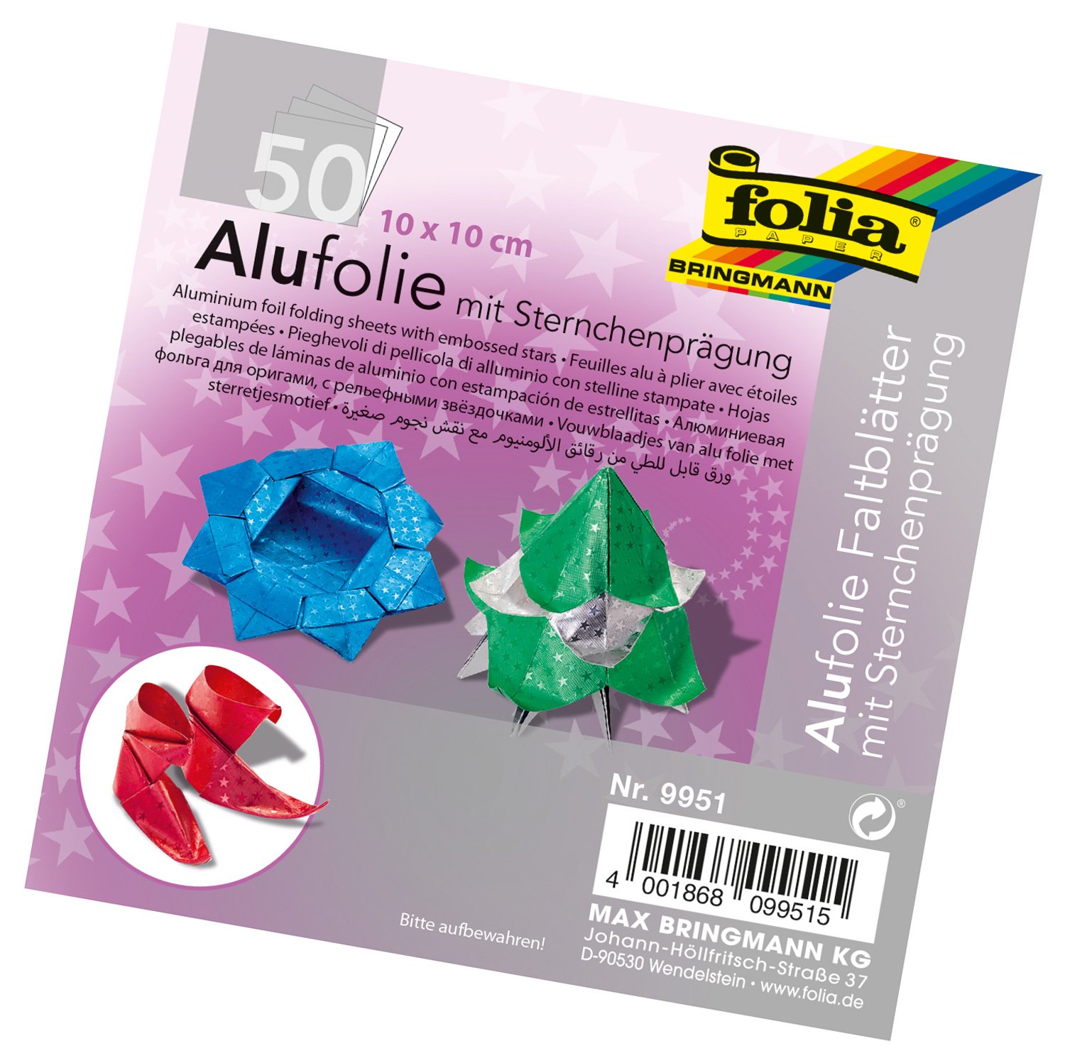 folia 9951 Folding Sheets Made of Aluminium Foil with Star Embossing 10 x 10 cm, 100 g/m², 50 Sheets, Assorted Colours, Ideal for Paper Folding and Other Creative Crafts