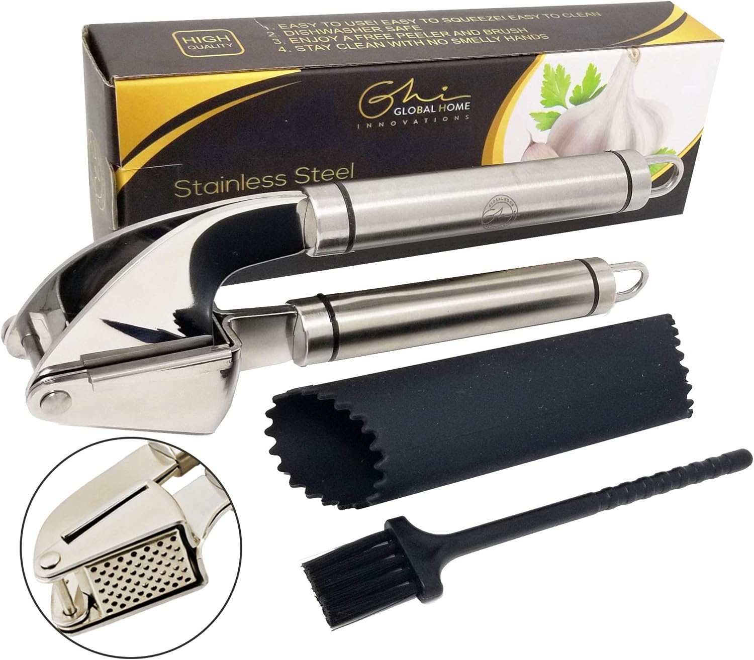 GHI Garlic Press and Peeler Professional Stainless Steel smasher, Mincer, Ginger Crusher & Chopper Heavy duty and Rust-proof With Silicone Roller and Cleaning Brush, Dishwasher Safe.