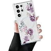 DEFBSC Magnetic Case for Samsung Galaxy S23 Ultra [Work with Magsafe] Clear Floral Flower Pattern Print Design Flexible Acrylic Shockproof Cover Flower Protective Phone Case, Purple Peony