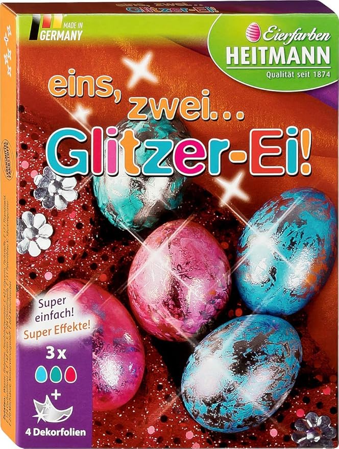 Heitmann Eierfarben eins, Zwei…Glitzer-Ei! - glitzerndes Osternest - Blau, Grün und Rot - Glitzerfolie - Kaltfarben