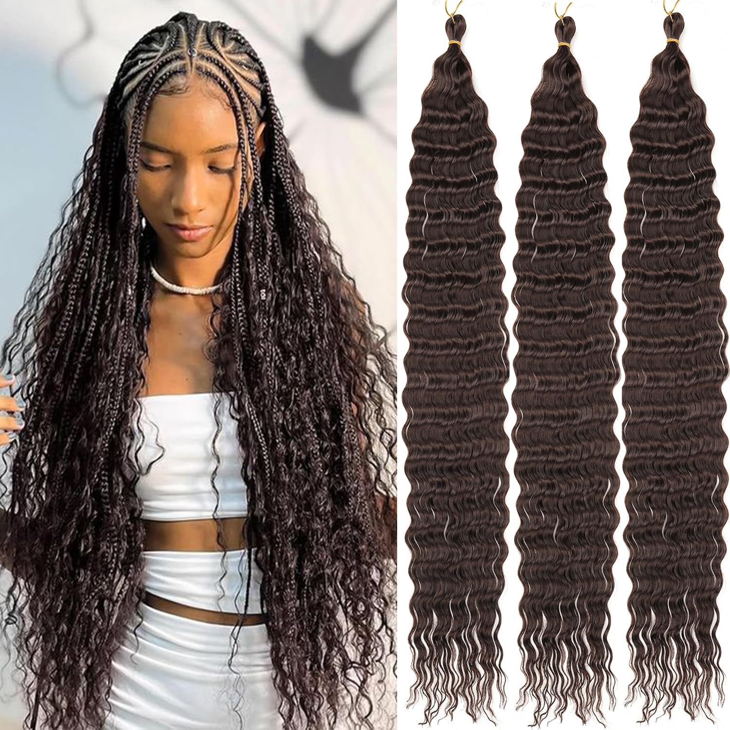 Mscat Deep Wave Curly Crochet Hair 30 Inch 3 Packs Ocean Wave for Black Women Braiding Hair Boho Braids 4#