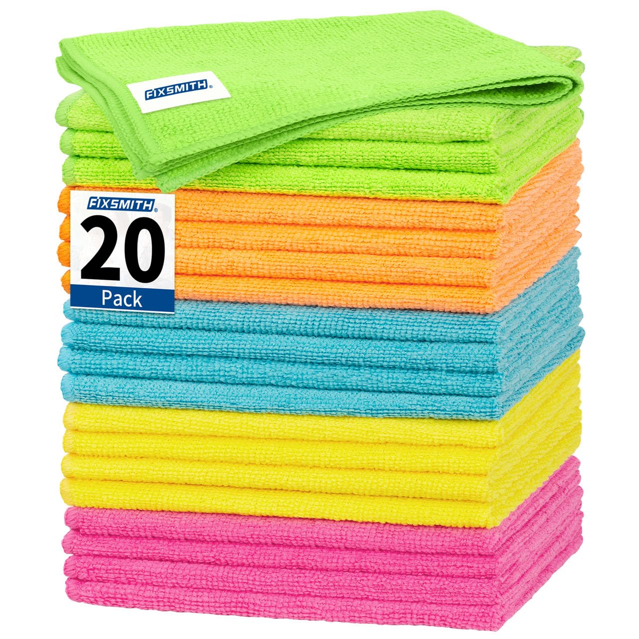 FIXSMITH Microfibre Cleaning Cloth, 20 Pack Cleaning Rags, Cleaning Towels for Housekeeping, Kitchen, Car, Lint-Free, Reusable Shop Towels with 5 Colors (Green/Blue/Yellow/Orange/Pink), 12"X12"