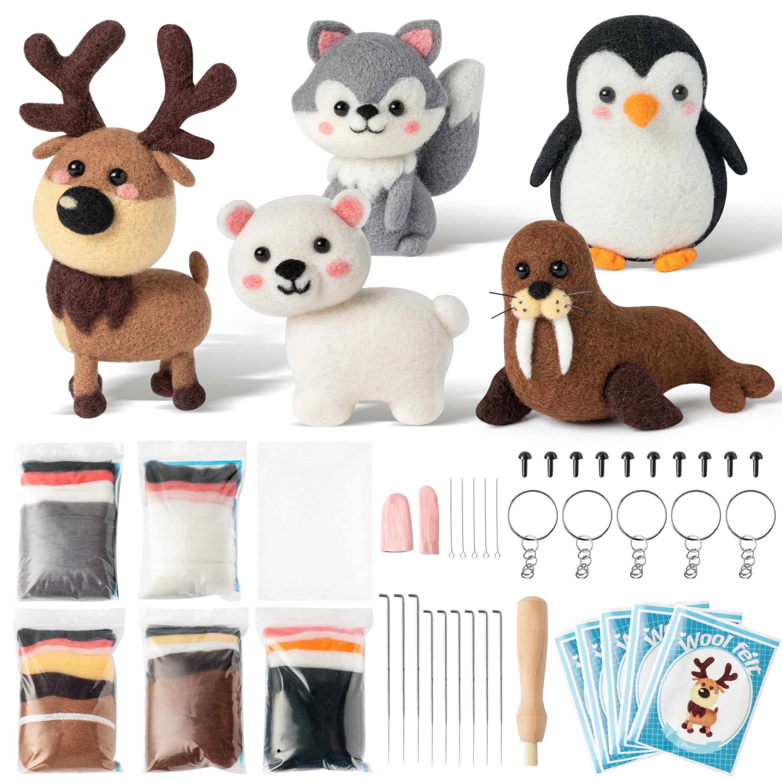 WATINC 25Pcs Polar Animal Needle Felting Starter Kit DIY Needlework Craft Felting Tools Felt Needles Foam Mat Polar Bear Penguin Elk Sea Lion NOH Doll Wool Party Supplies for Beginners Adults Kids