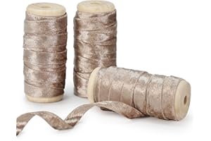 Keypan Velvet Champagne Ribbon Double-Sided Handmade Glossy Fabric Trim Wooden Spool Thin Ribbons for Christmas Tree Gift Wrapping Crafts Wedding Flower Bouquet 3/8 inch x 5YD 3 Rolls
