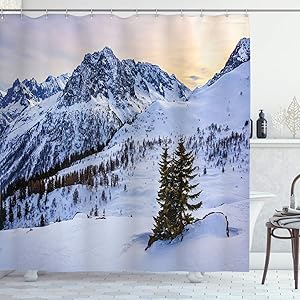 Ambesonne Mountain Shower Curtain, Landscape of Snowy Mountain at Sunset Pine Trees Tranquility in Winter Theme, Cloth Fabric Bathroom Decor Set with Hooks, 70