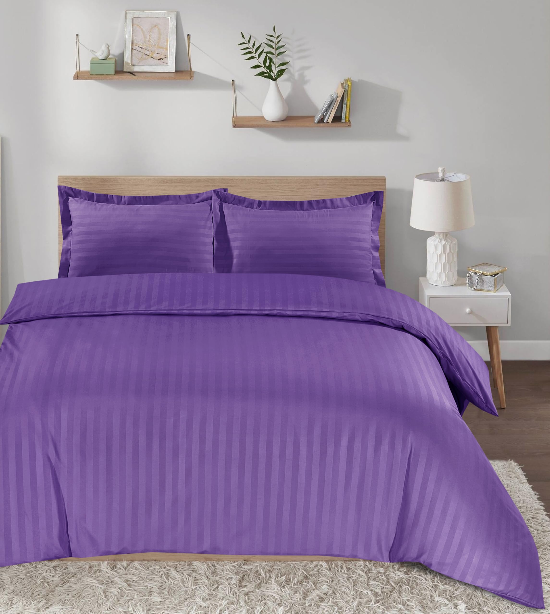 Casabella Satin Stripe Duvet Cover Sets - Luxurious King Purple Bedding with Satin Stripes, Hotel Quality King Size Duvet & Pillowcases