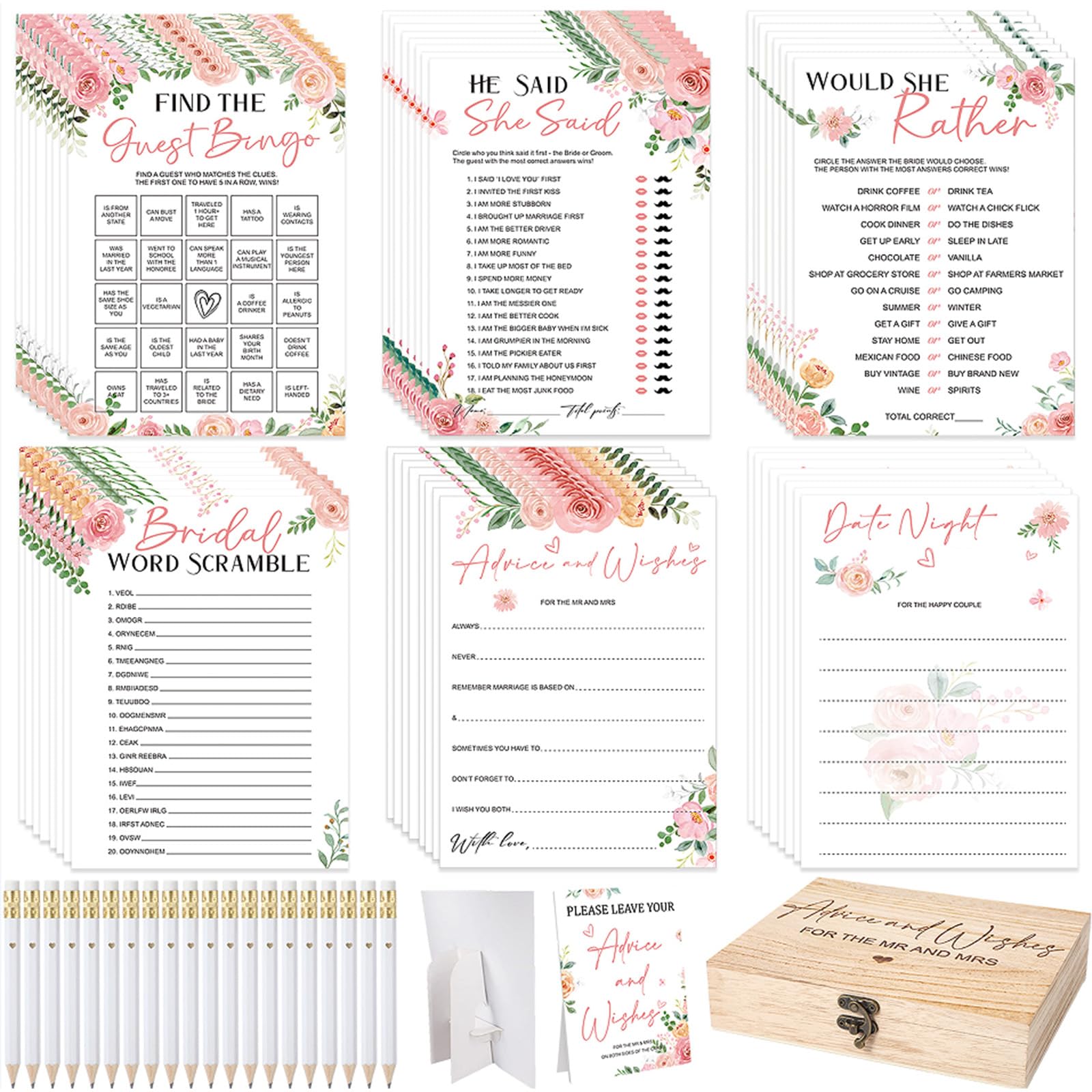 Photo 1 of Silipull Bridal Shower Games Set for 50 Guests Includes Bingo, He Said She Said, Scramble, Would She Rather, Advice and Wishes Wedding Games Double Sided with Wooden Box, 20 Pencils(Floral)