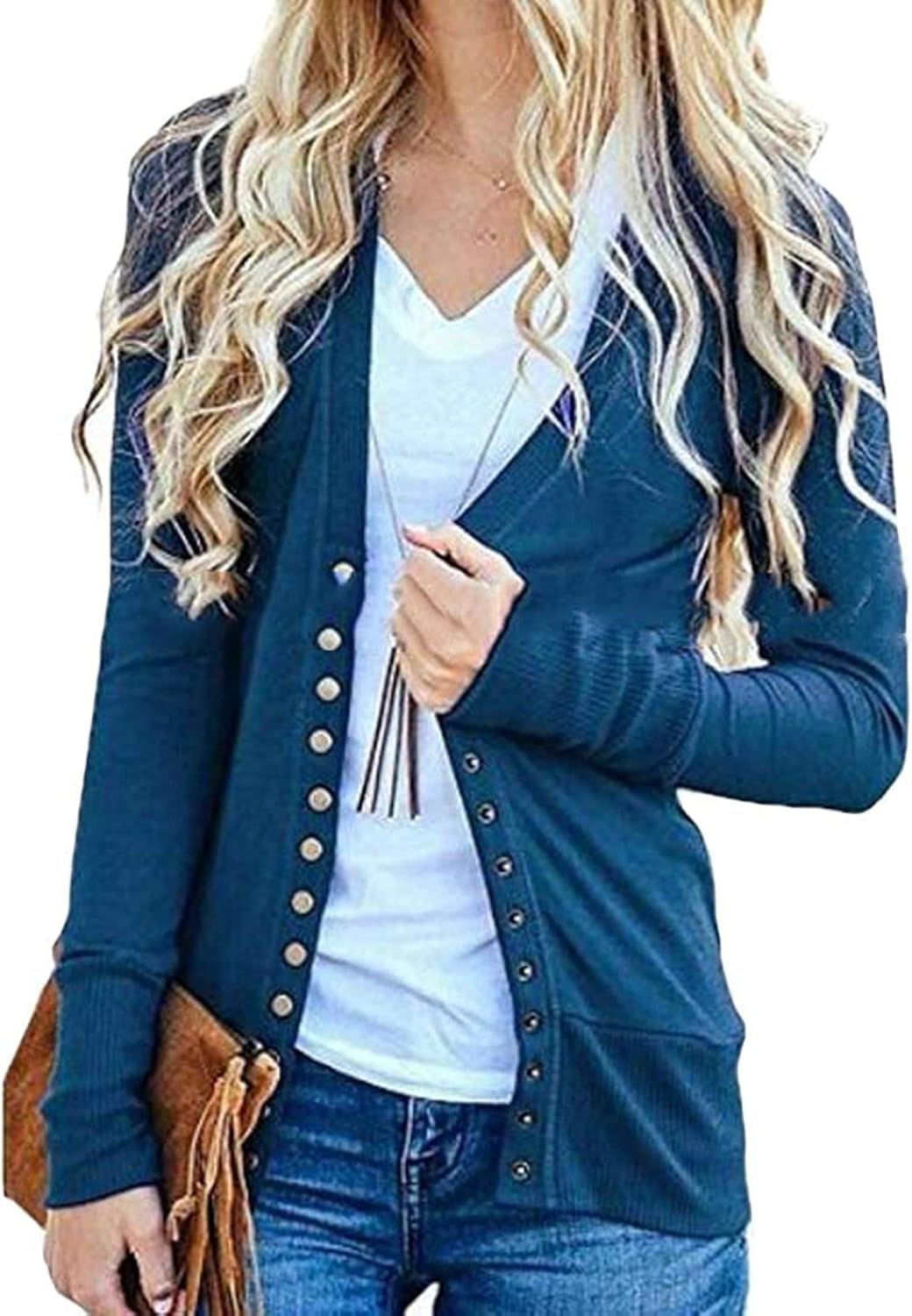 Women Cardigan Knitted Solid Long Sleeve V Neck Button Up Cardigan Sweaters Coat at Amazon Women 